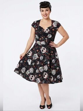 OTEN Floral Sugar Skull Retro Rockabilly Dress - Size Large - NWT